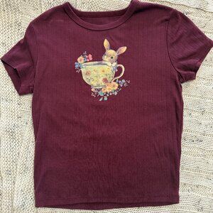 Social Scene Burgundy Bunny in Teacup Floral Ribbed Shirt M Baby Tee Cottagecore